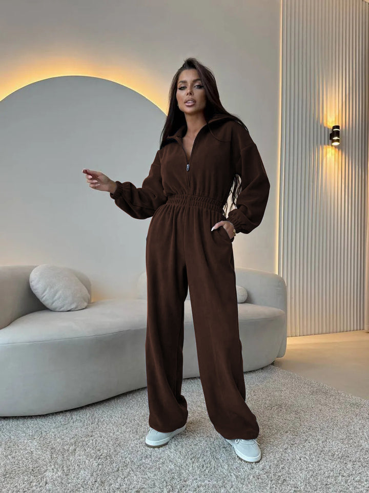 Damen Oversized Loungewear-Jumpsuit mit halbem Reißverschluss und elastischer Taillenraffung Drune