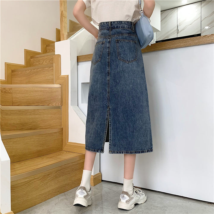 Damen Langer Jeansrock mit hohem Schnitt und dekorativen Nähten Drune