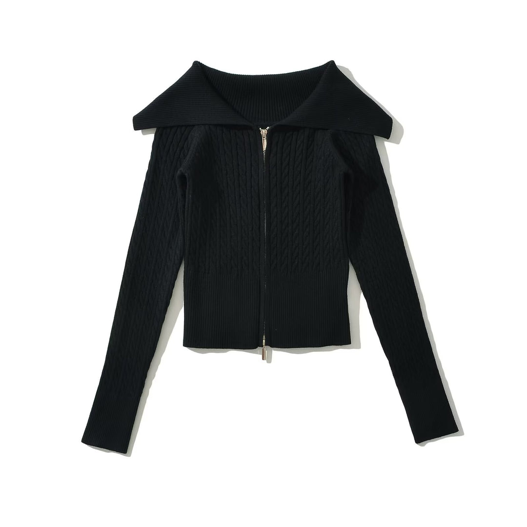 Damen modische Strickjacke mit weitem Kragen und Reißverschluss Drune