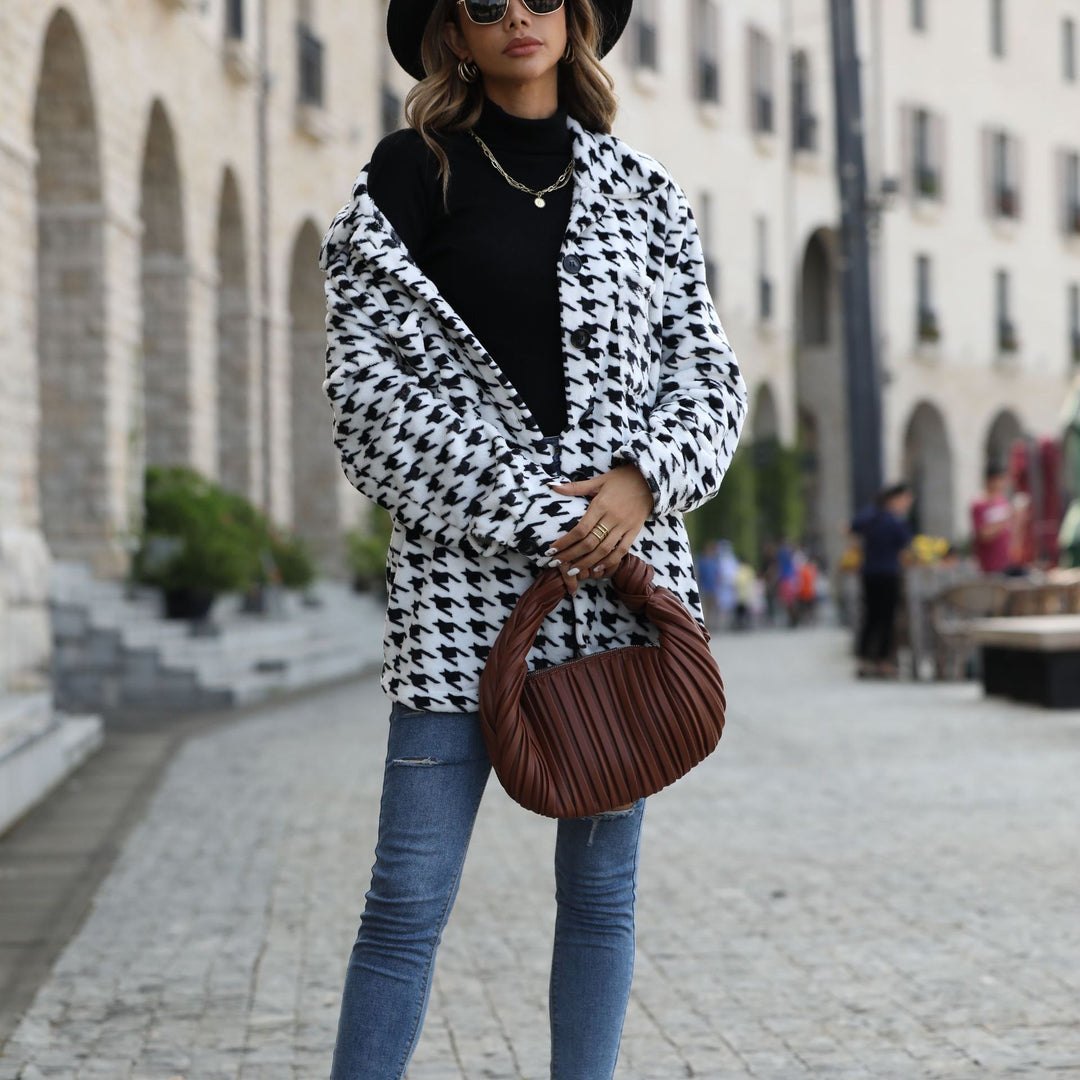 Damen Modische Plüschjacke mit Hahnentrittmuster und praktischen Taschen Drune