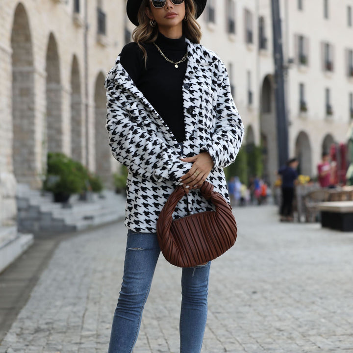 Damen Modische Plüschjacke mit Hahnentrittmuster und praktischen Taschen Drune