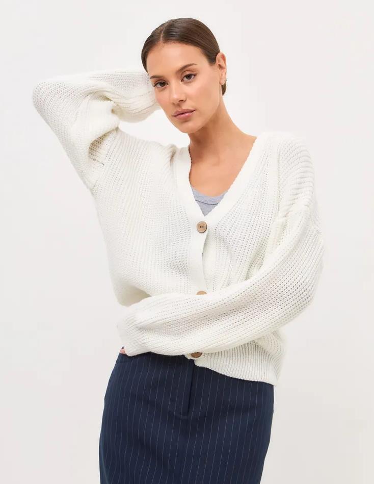 Damen lässiger Strickjacke mit voluminösen Ärmeln und modernen Knopfdetails Drune