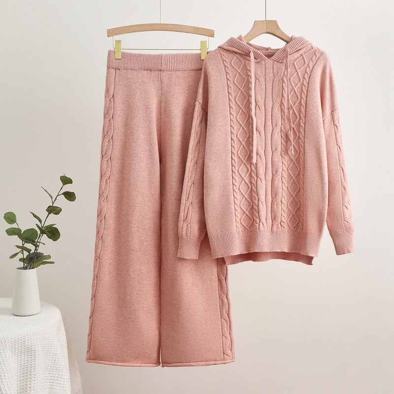 Damen lässiges Strick-Loungewear-Set mit Kapuze und breiten Beinen Drune