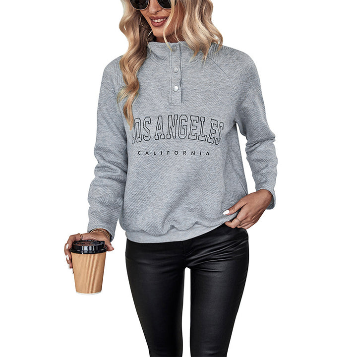 Damen Quilted-Sweatshirt mit Stehkragen, Druckknopfleiste und College-Print Drune