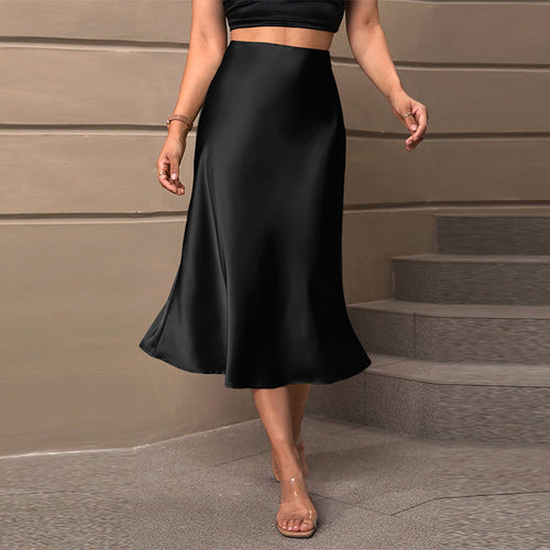 Damen elegante Midirock aus fließendem Satinstoff mit asymmetrischem Saum Drune