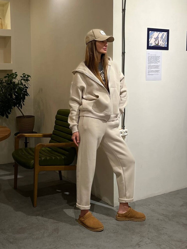 Damen lässiges Fleece-Zweiteiler mit Oversize-Kapuzenjacke und tapered Joggerhose Drune