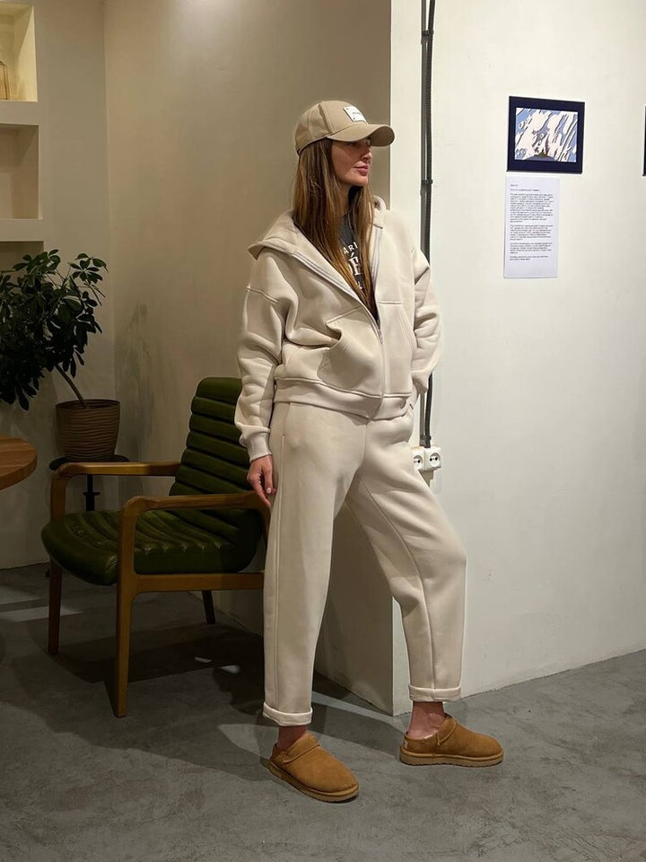 Damen lässiges Fleece-Zweiteiler mit Oversize-Kapuzenjacke und tapered Joggerhose Drune