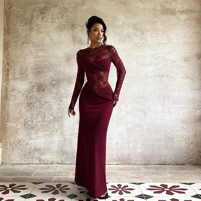 Damen elegantes Langarmkleid mit Spitzenoberteil und figurbetontem Schnitt Drune