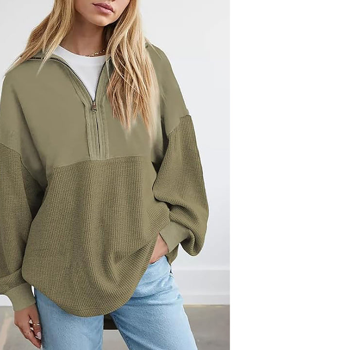 Damen Oversize-Halbzip-Pullover mit Waffelstrick-Einsätzen Drune