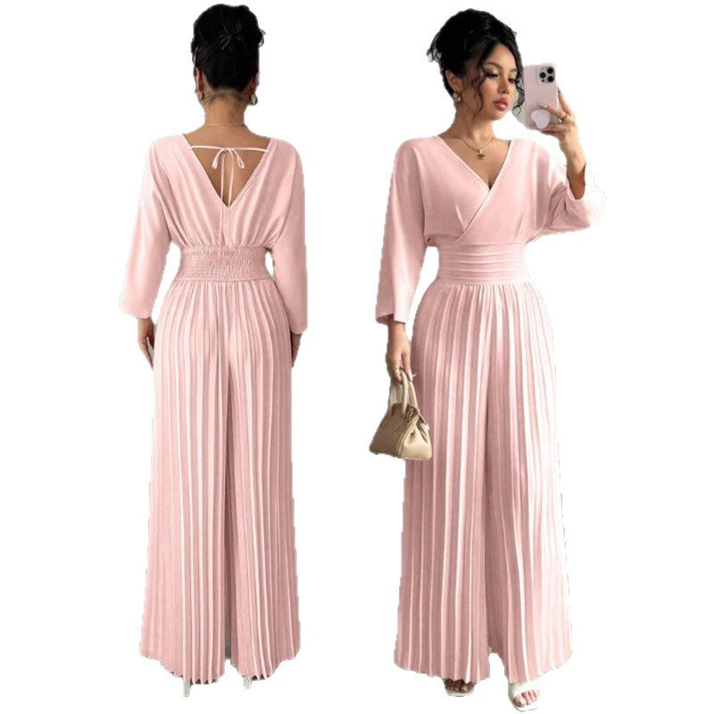 Damen Eleganter Plissee-Jumpsuit mit V-Ausschnitt Drune