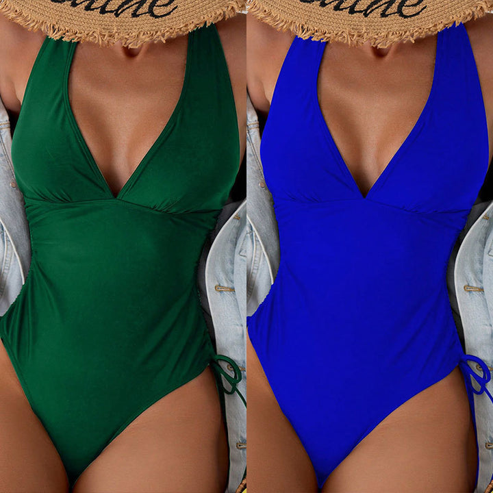 Damen einteiliger Badeanzug mit tiefem V-Ausschnitt und seitlichem Bindedesign Drune