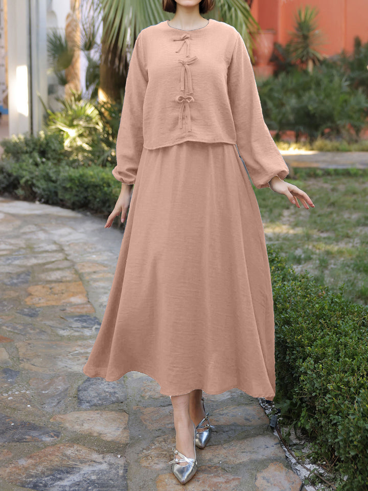 Damen Langes Zweiteiliges Maxikleid mit Überwurf, Rundhals und Zierknoten Drune
