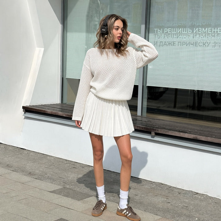 Damen oversized Netzstrickpullover mit plissiertem Minirock-Set Drune