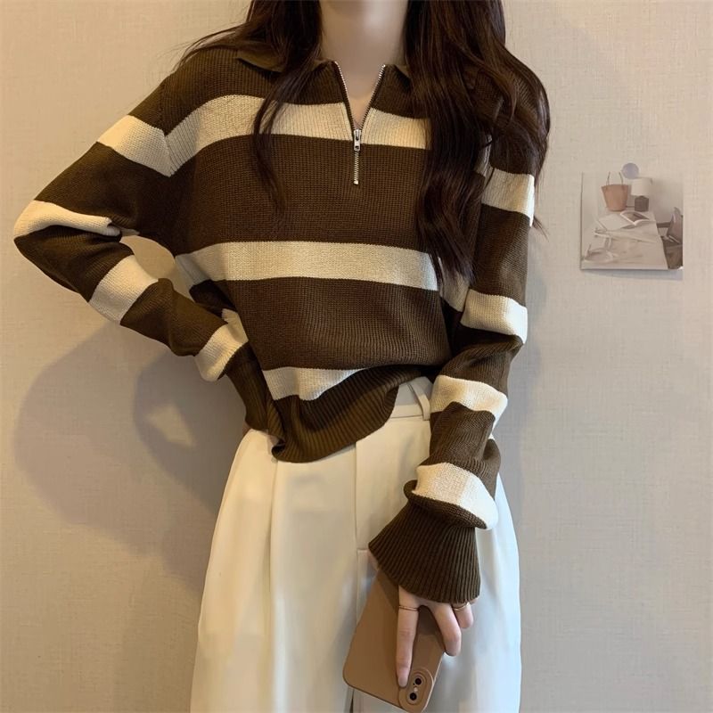 Damen Strickpullover mit Reißverschluss und Streifenmuster Drune