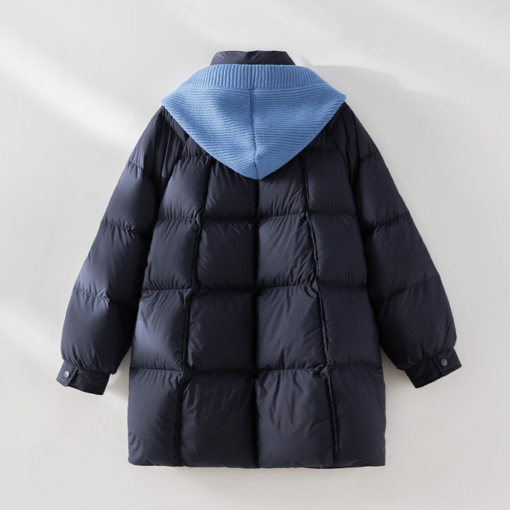 Damen wattierte Steppjacke mit Kapuze Rippkragen weitem Schnitt und Midilänge Drune