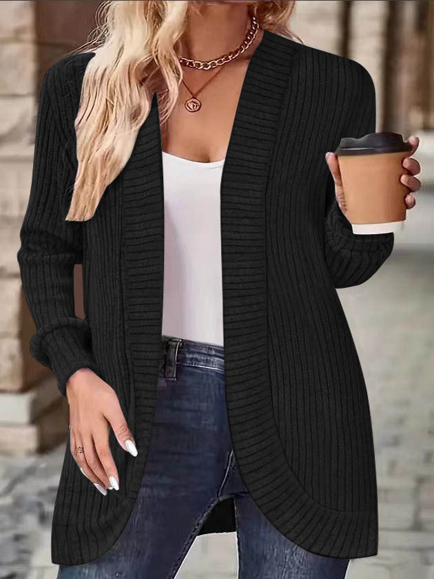 Damen Langer Offener Rippstrick-Cardigan mit abgerundetem Saum Drune
