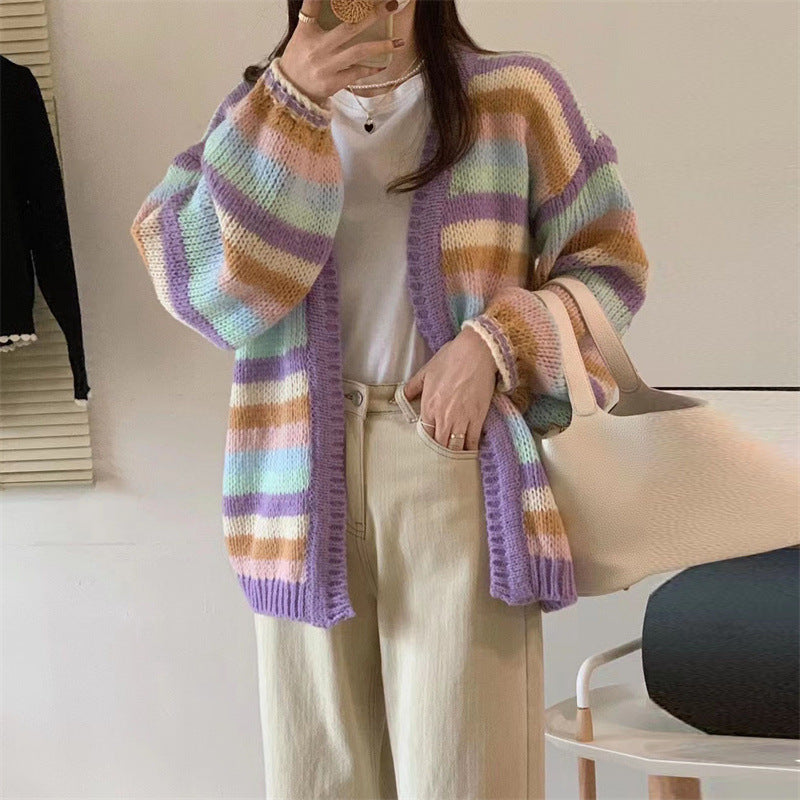 Damen Grobstrickjacke mit lässigem Schnitt und farbenfrohem Streifenmuster Drune