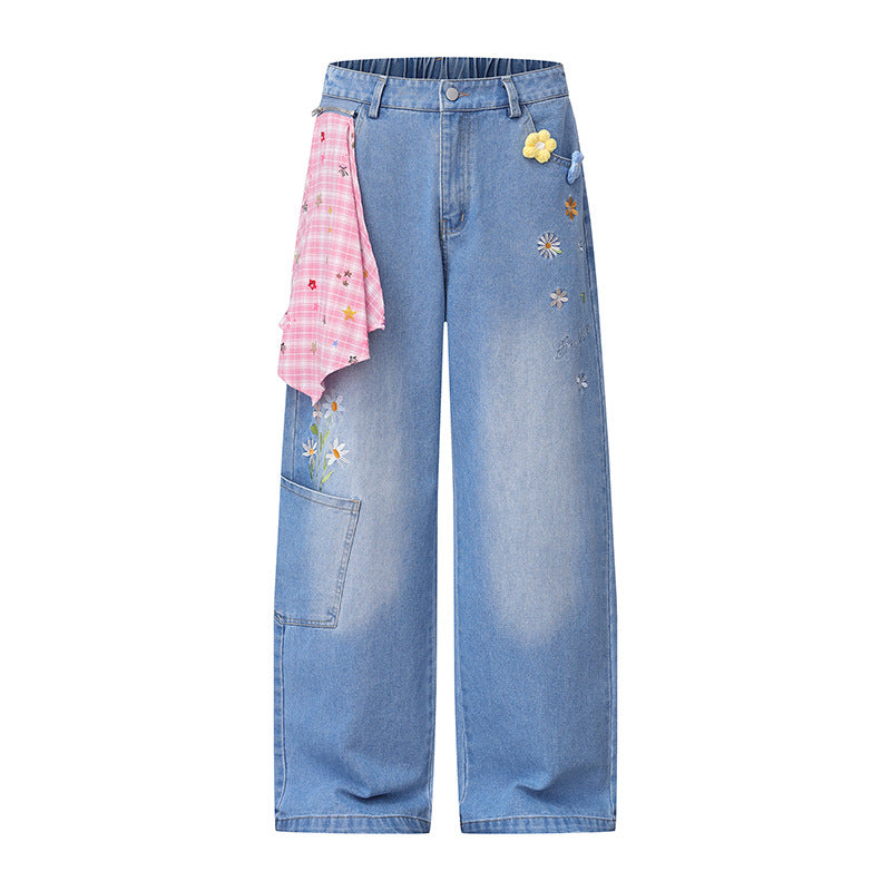 Damen Weite High‑Waist Denim‑Palazzo‑Jeans mit Blumenstickerei, Cargo‑Tasche und Tuchdetail Drune