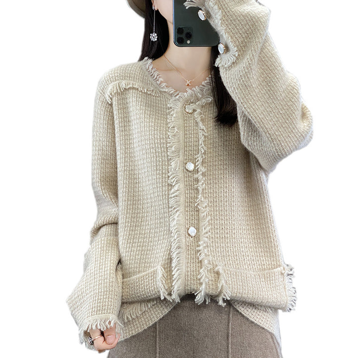 Damen Strickcardigan mit Fransenblende, Perlmuttknopfleiste und aufgesetzten Taschen Drune