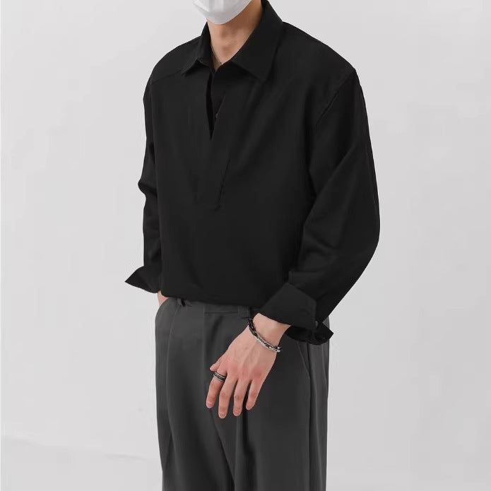 Herren Hemd-Pullover im Oversize-Schnitt mit tiefem V-Ausschnitt und klassischem Kragen Drune