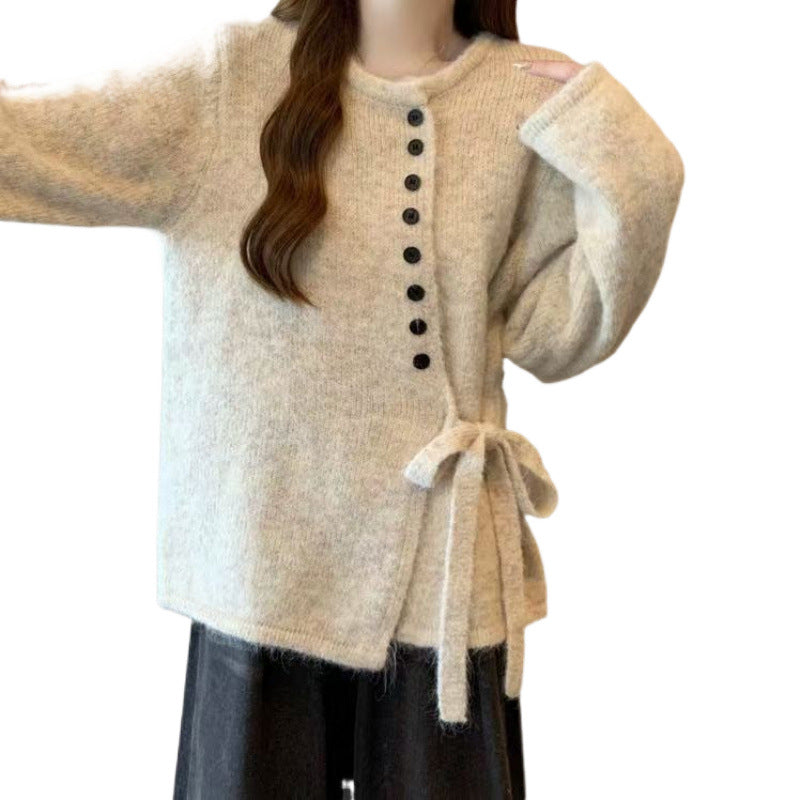 Damen Strickjacke mit seitlichem Bindeband und Knopfdetails Drune