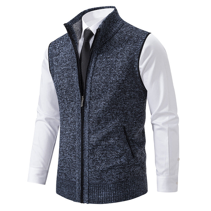 Herren Ärmellose Mélange‑Strickweste mit Stehkragen, durchgehendem Reißverschluss und Eingrifftaschen Drune