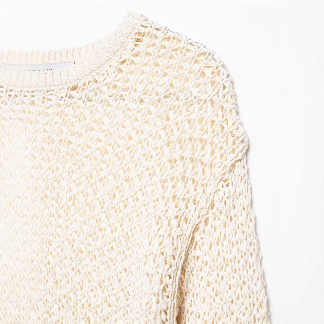 Damen Locker gestrickter Ajourpullover mit Volantbund und ausgestellten Ärmeln Drune