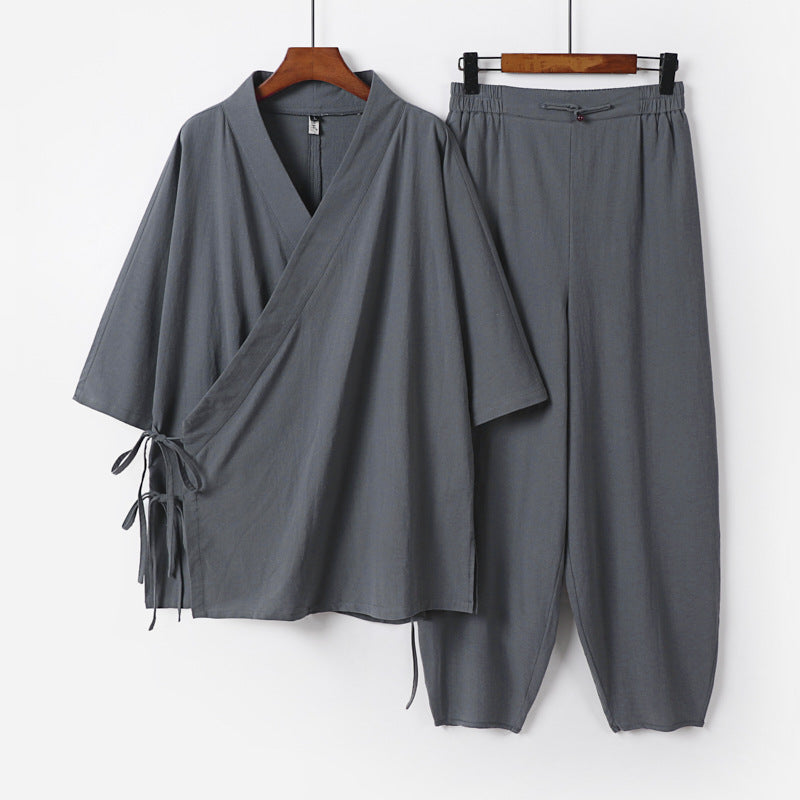 Unisex Leichtes Wickel-Lounge-Set im Kimono-Stil mit seitlichen Bindebändern und elastischer konisch zulaufender Hose Drune