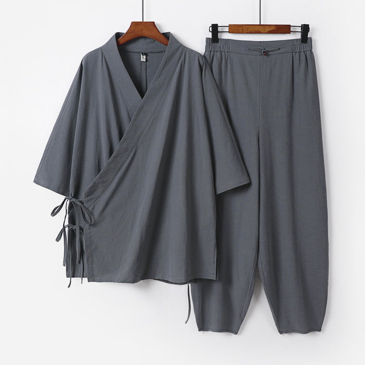 Unisex Leichtes Wickel-Lounge-Set im Kimono-Stil mit seitlichen Bindebändern und elastischer konisch zulaufender Hose Drune