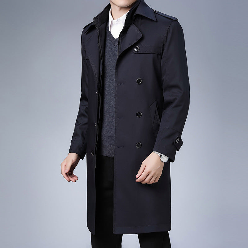 Herren Trenchcoat langer Doppelreiher mit Reverskragen und Epauletten Drune