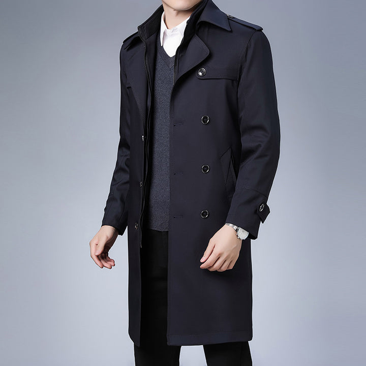 Herren Trenchcoat langer Doppelreiher mit Reverskragen und Epauletten Drune