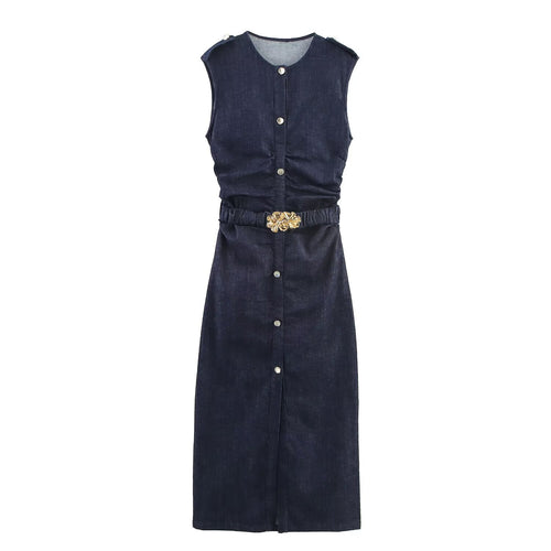Damen Jeanskleid mit Wickelgürtel und eleganten Druckknöpfen Drune