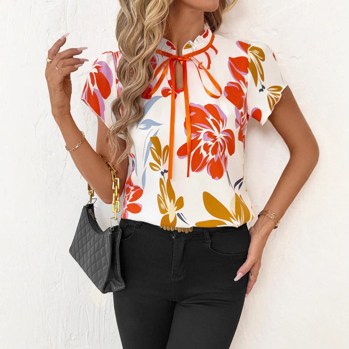 Damen Kurzarmbluse mit Rüschenkragen, Bindeband und floralem Print Drune
