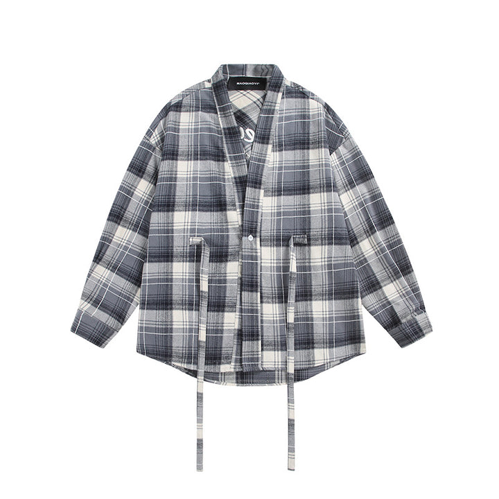 Damen Oversize Karo-Hemdjacke mit Kimono‑Schnitt, Tunnelzugbändern und aufgesetzten Taschen Drune