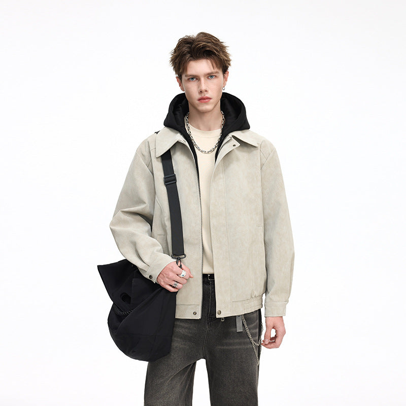 Herren Kunstleder-Blouson mit abnehmbarer Kapuze, verdecktem Reißverschluss und elastischem Saum Drune
