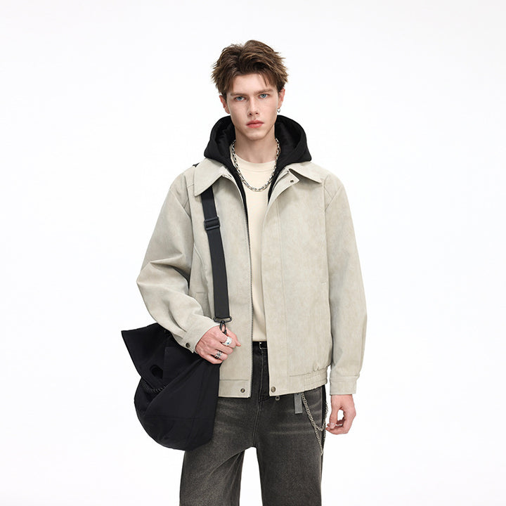 Herren Kunstleder-Blouson mit abnehmbarer Kapuze, verdecktem Reißverschluss und elastischem Saum Drune