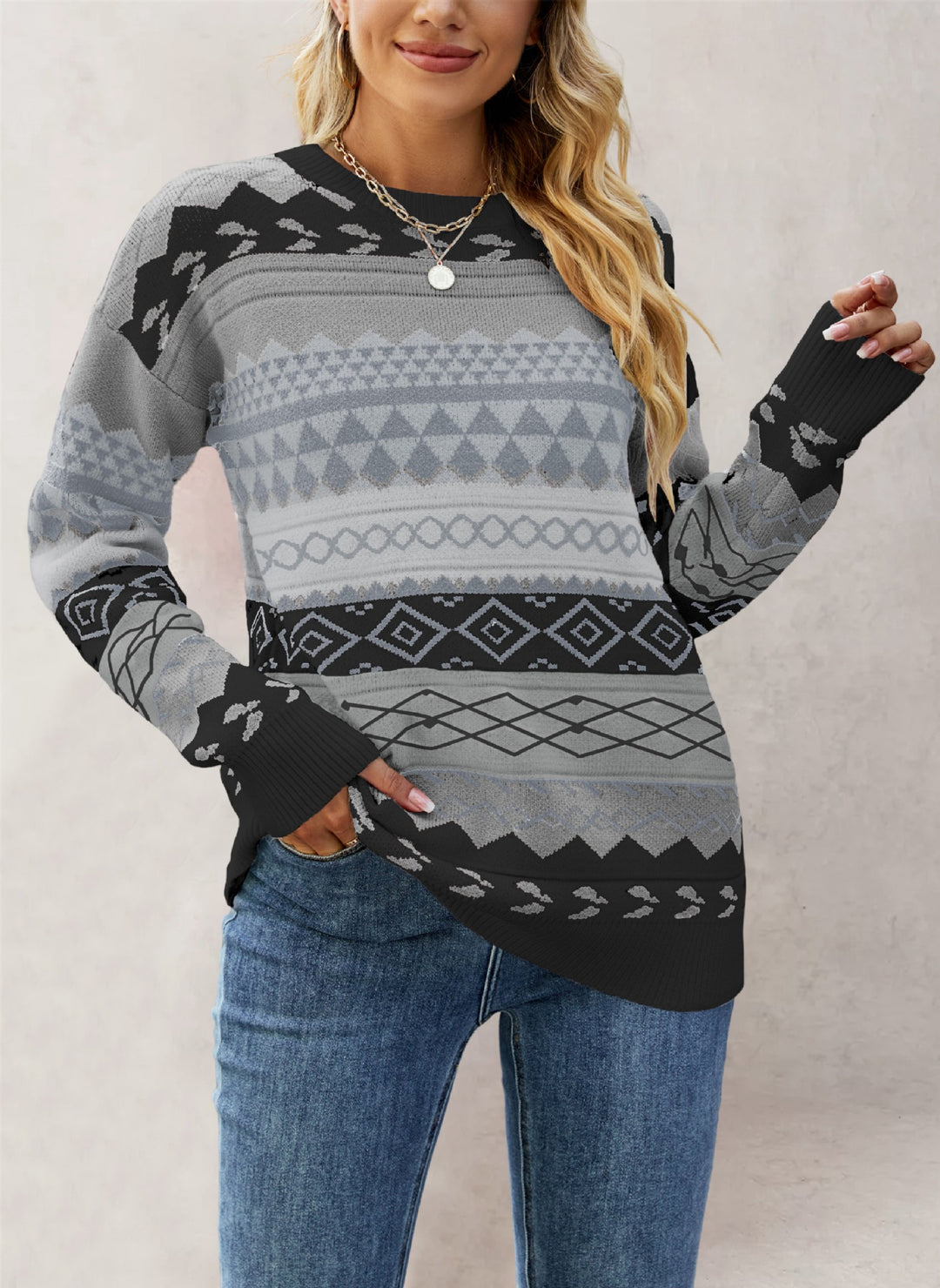 Damen Strickpullover mit geometrischem Muster Drune