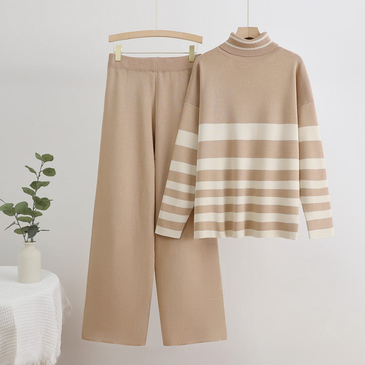 Damen Komfortables Strick-Loungewear-Set mit hohem Kragen und breiten Streifen Drune