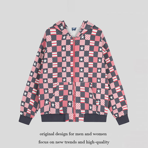 Damen Zip-Kapuzenjacke mit Allover-Patchwork-Sternen- und Streifenmuster Drune