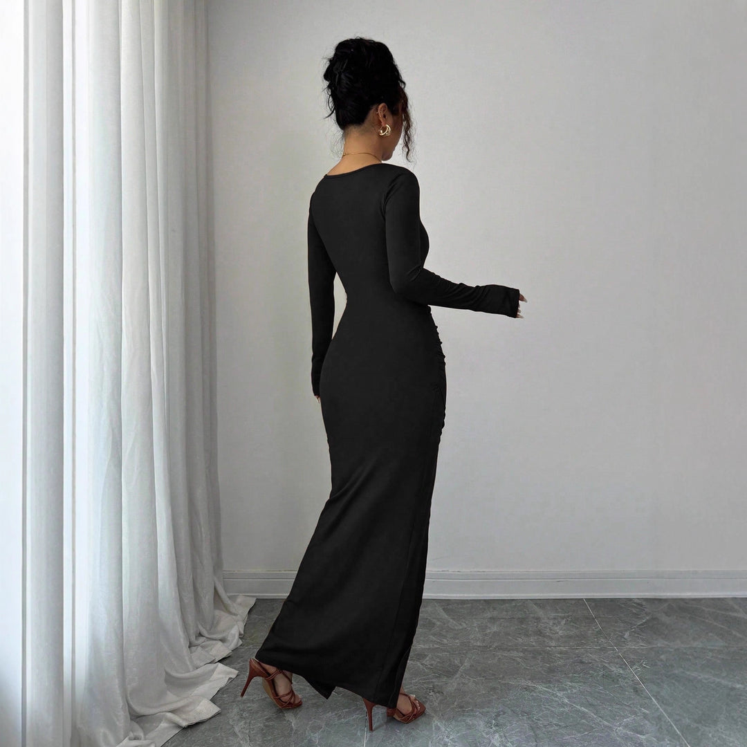 Damen nan körpernahes Maxikleid mit Quadratausschnitt, taillierter Raffung und hohem Seitenschlitz Drune