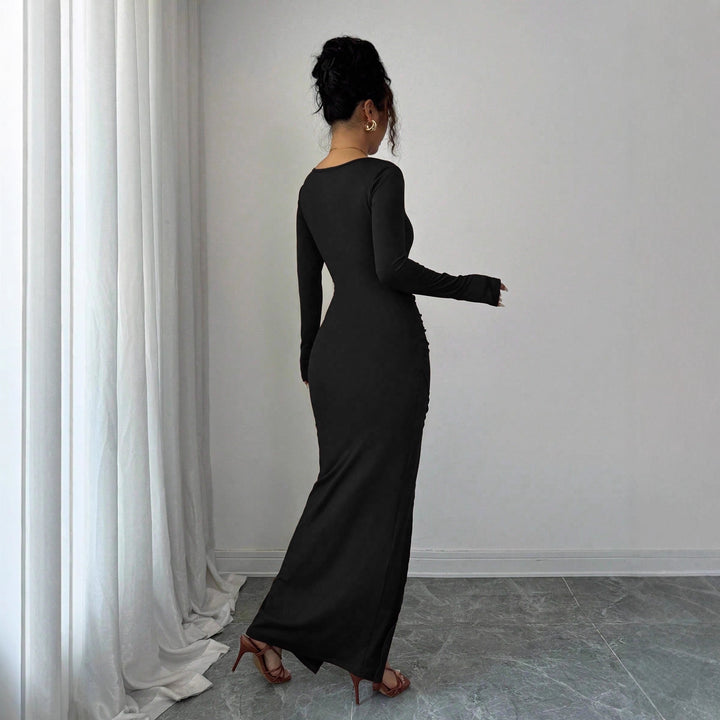Damen nan körpernahes Maxikleid mit Quadratausschnitt, taillierter Raffung und hohem Seitenschlitz Drune