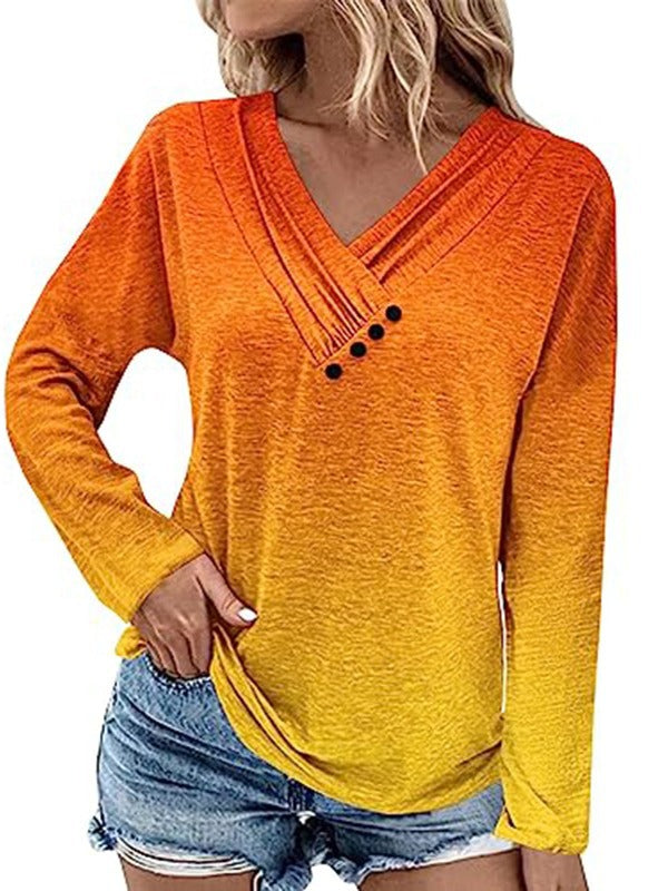 Damen Gerippter V-Ausschnitt Pullover mit Farbverlauf, Zierknöpfen und legerer Passform Drune