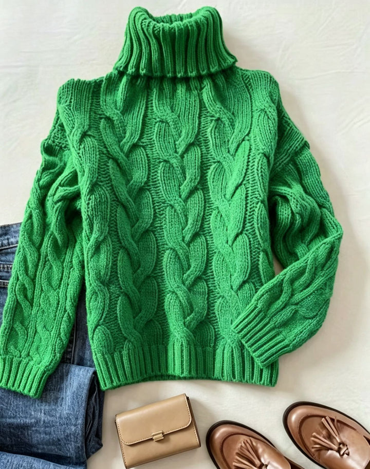 Damen Grobstrick-Rollkragenpullover mit markanten Zopfmustern und gerippten Bündchen Drune