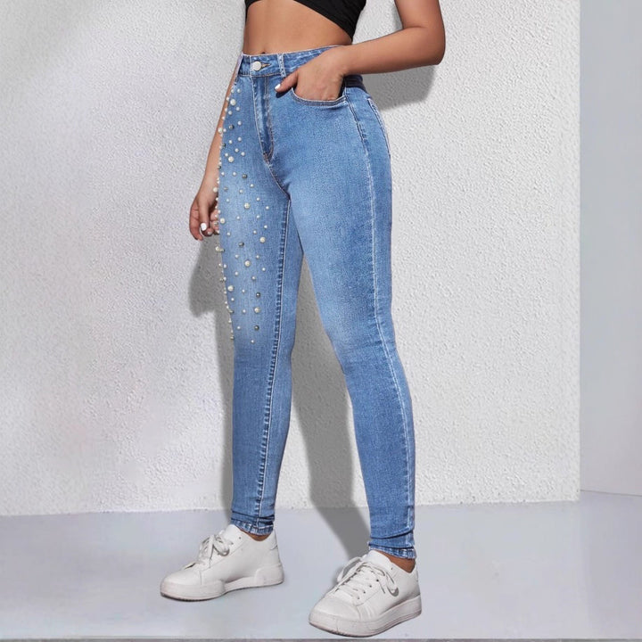 Damen Hochgeschnittene Sculpting-Skinny-Jeans mit asymmetrischem Perlenmuster Drune