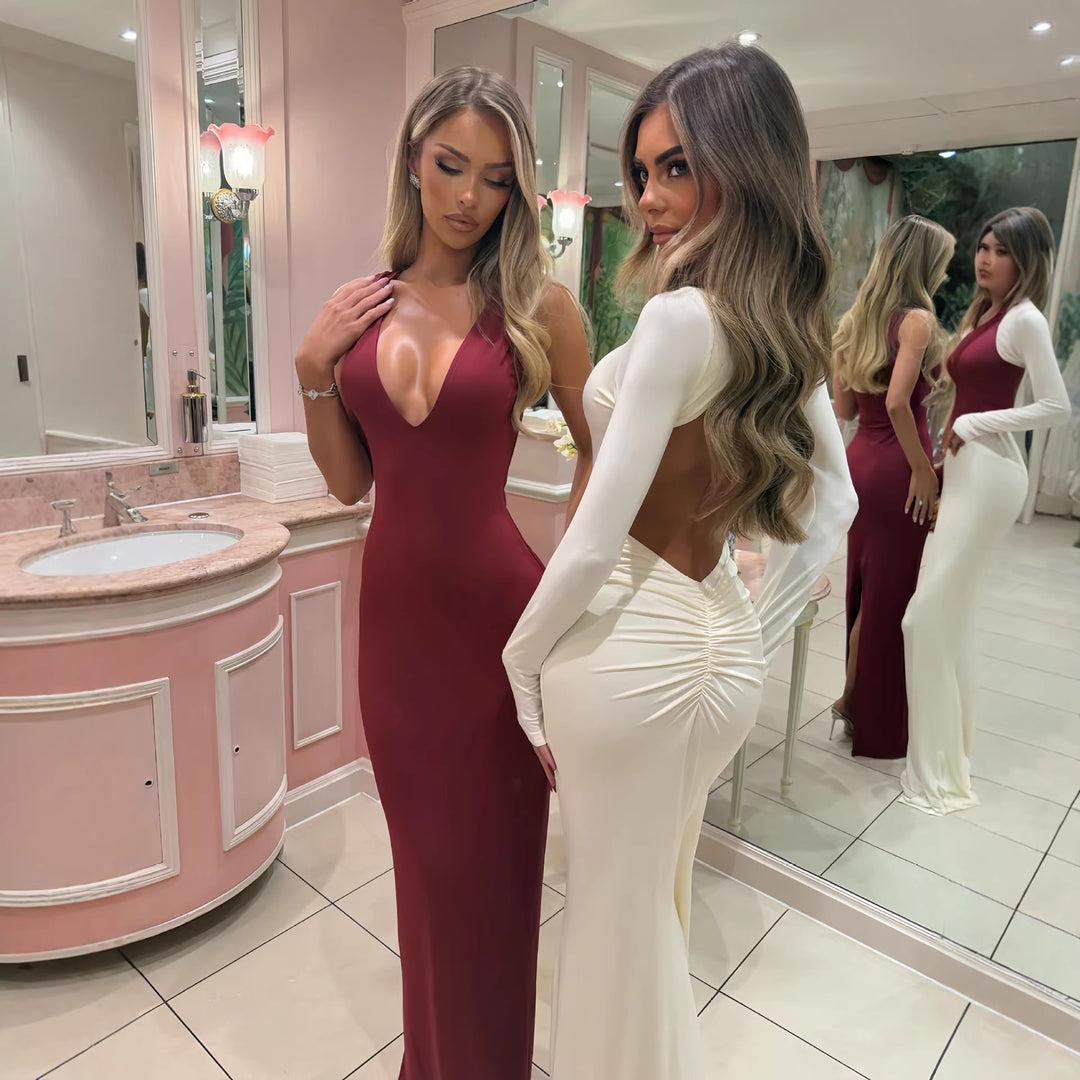 Damen Glamouröses Abendkleid mit tiefem V-Ausschnitt und figurbetontem Schnitt Drune