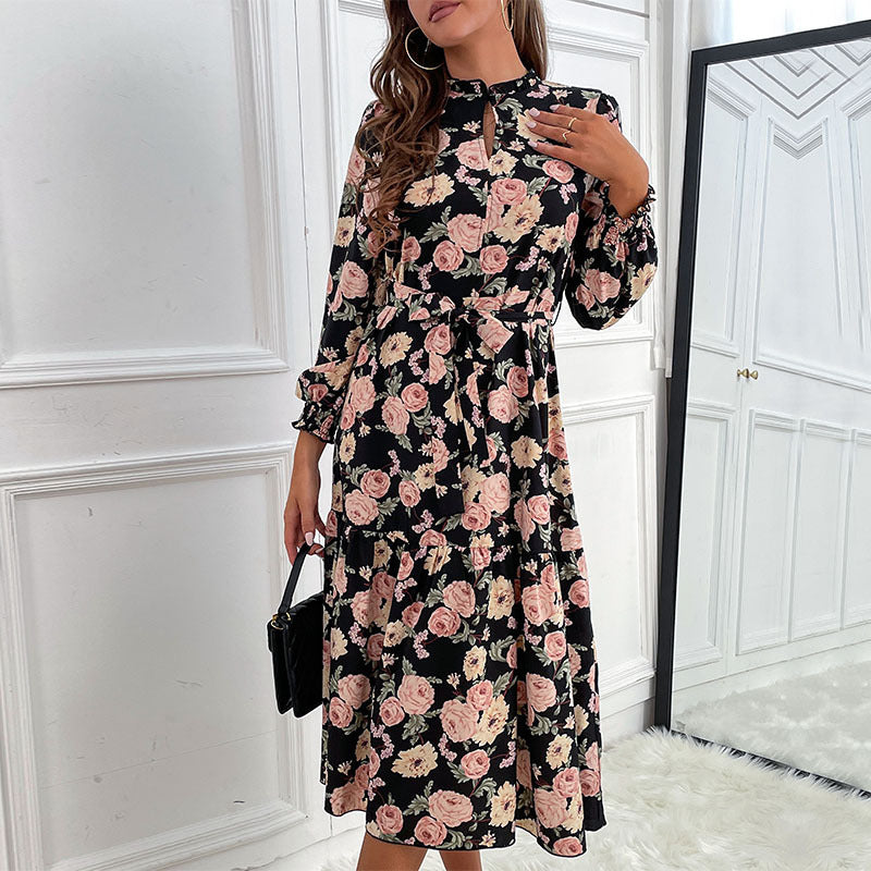 Damen Blumenkleid mit Rüschen und langen Ärmeln Drune