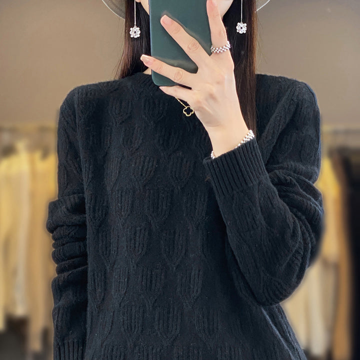 Damen Weicher Mohair‑Look Rundhalspullover mit erhabener Tulpenstruktur Drune