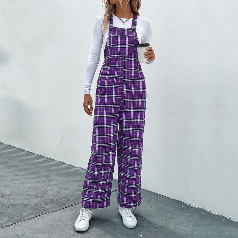 Damen Lässiger Karierter Jumpsuit mit breitem Bein und verstellbaren Trägern Drune