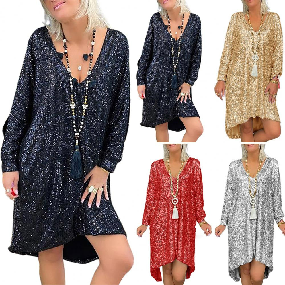 Damen Glitzerndes Oversized Kleid mit V-Ausschnitt und langen Ärmeln Drune