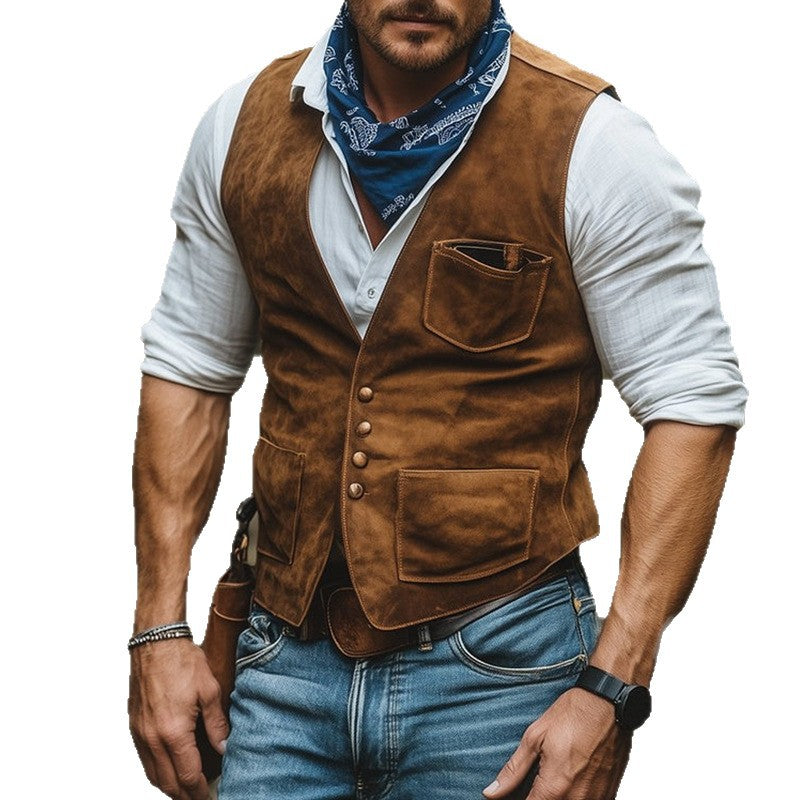 Herren Western-inspirierte Wildlederweste mit Knopfleiste und Utility-Taschen Drune